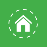  White vector graphic of home with a white dashed circle perimeter on a green background. 