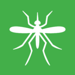 White vector graphic of a mosquito on a green background. 